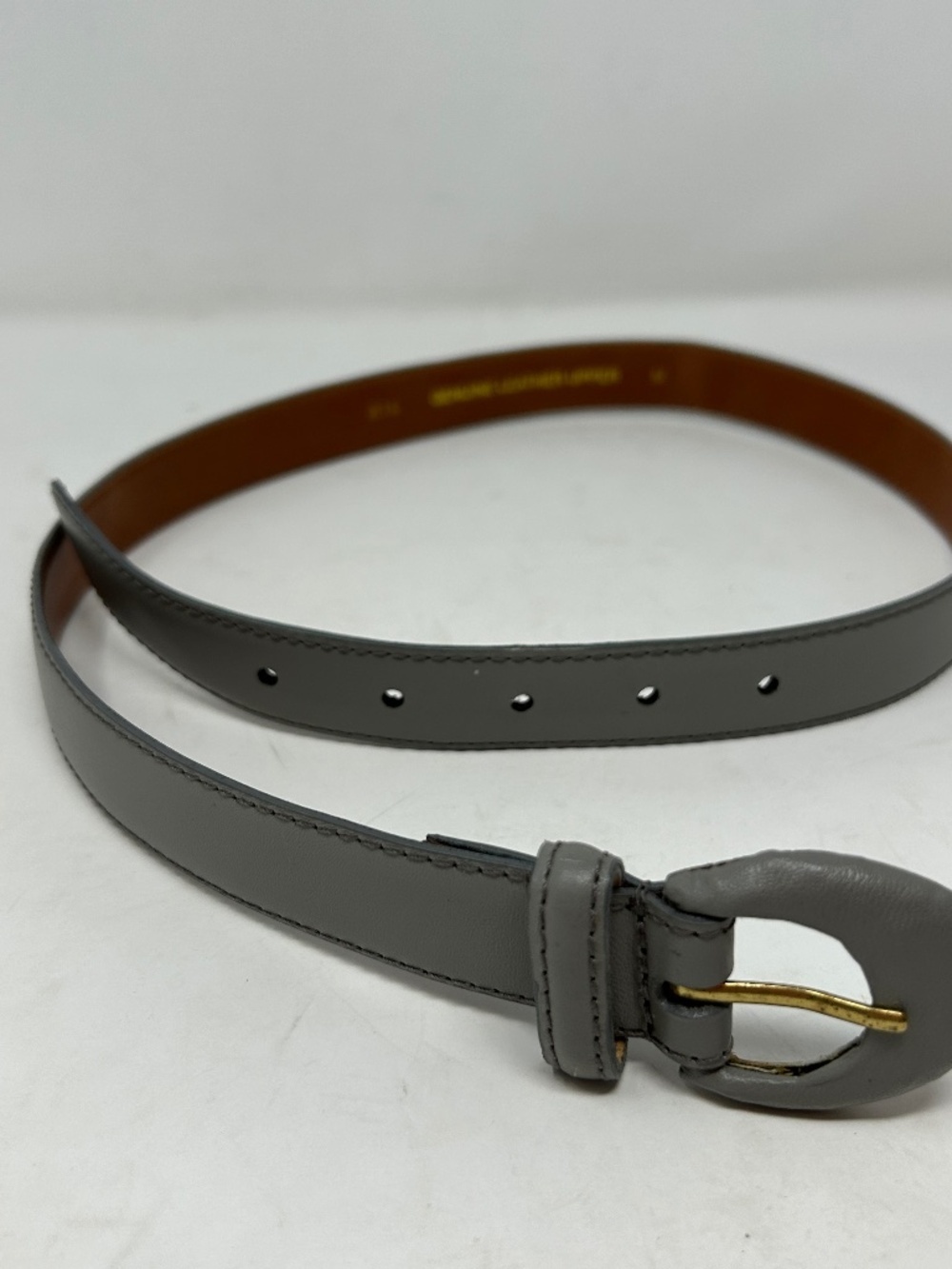 Vintage Grey Leather Belt with Gold-Tone Buckle fits 28” to 32”